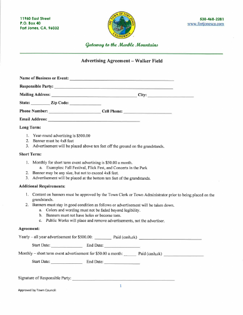 First page of the Advertising Agreement — Walker Field