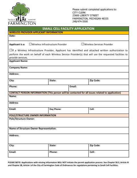 First page of the Small Cell Facility Application