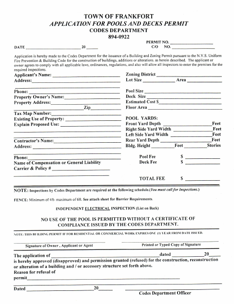 First page of the Application for Pools and Decks Permit