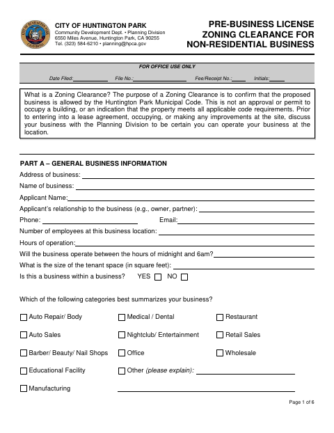 First page of the Pre-Business License Zoning Clearance for Non-Residential Business