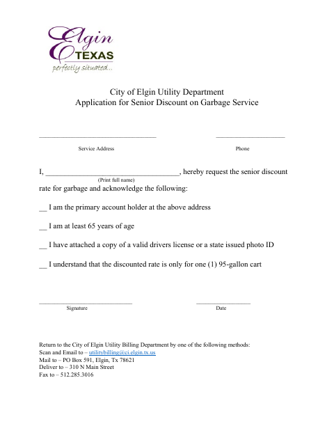 First page of the Application for Senior Discount on Garbage Service