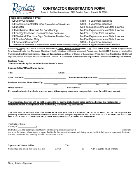 First page of the Contractor Registration Form