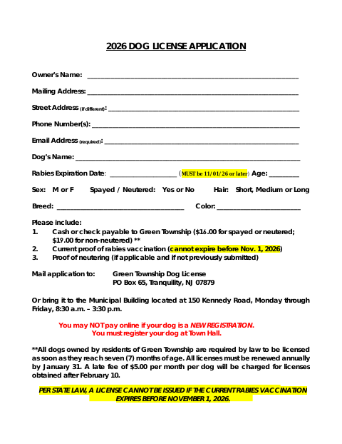 First page of the 2026 Dog License Application