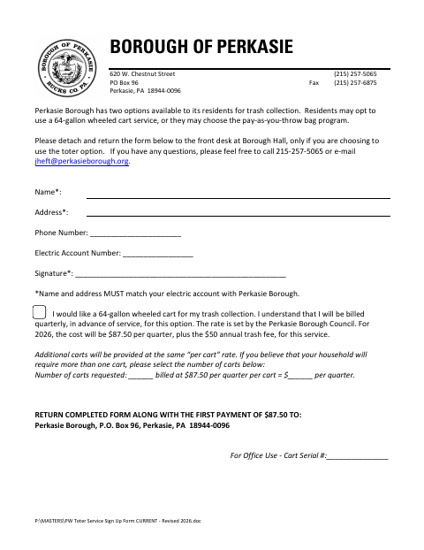 First page of the Toter Service Sign-Up Form
