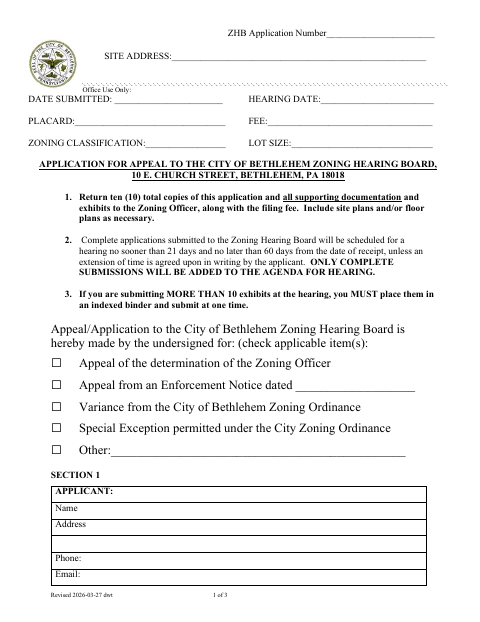 First page of the Application for Appeal to the Zoning Hearing Board