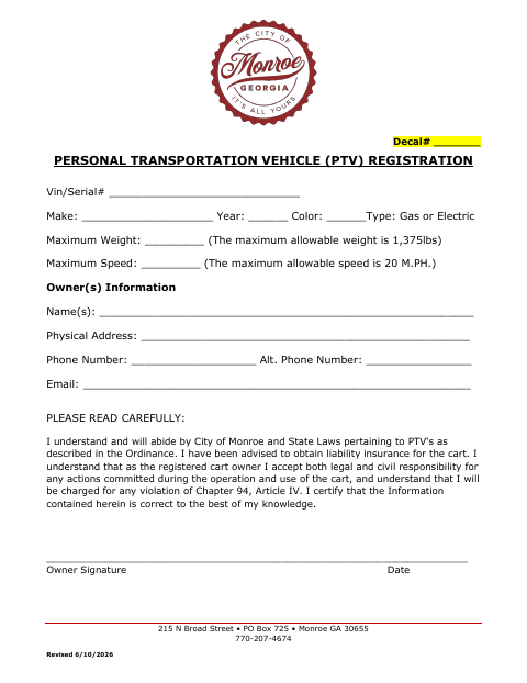 First page of the Personal Transportation Vehicle Registration