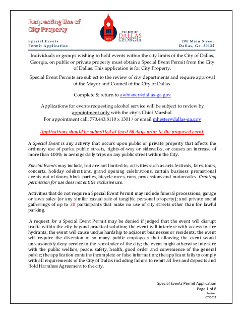 First page of the Special Event on City Property Permit Application