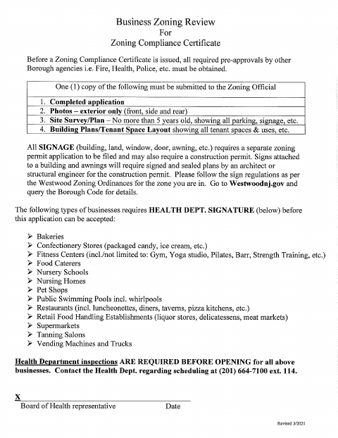 First page of the Zoning Compliance Certificate Application