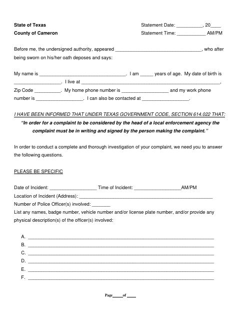 First page of the Police Department Citizen Complaint Form