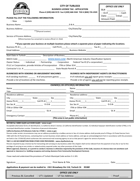 First page of the Business License Tax Application