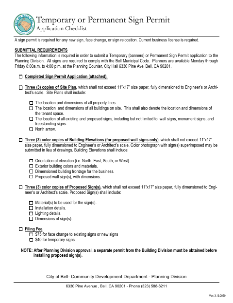 First page of the Temporary or Permanent Sign Permit Application Checklist