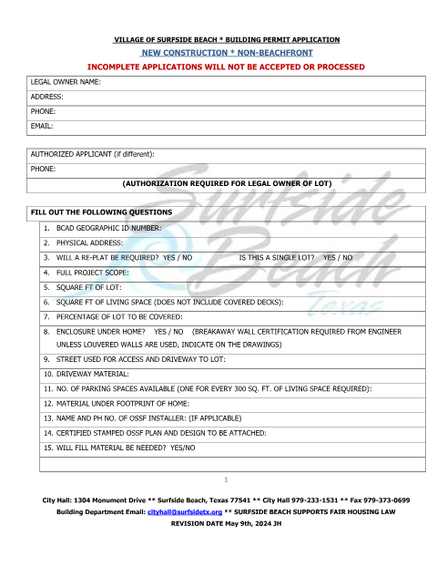 First page of the Non-Beachfront Building Permit Application – New Construction