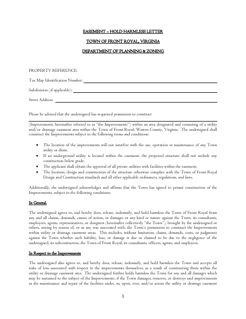 First page of the Easement Hold Harmless Letter
