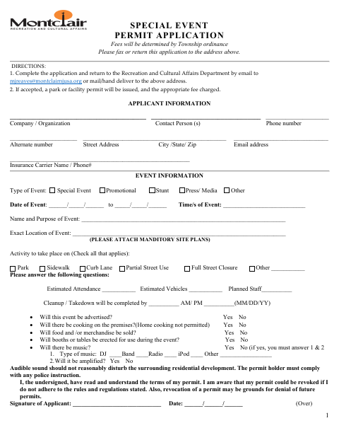 First page of the Special Event Permit Application