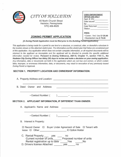 First page of the Zoning Permit Application