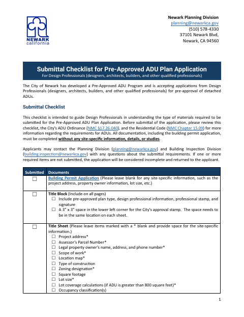 First page of the Pre-Approved ADU Application Checklist