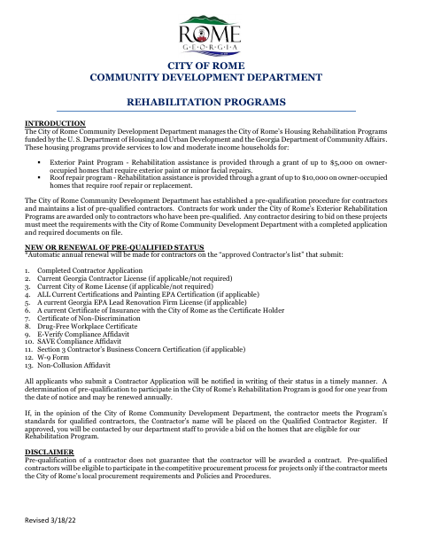 First page of the Rehabilitation Program Contractor Application
