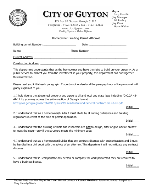 First page of the Homeowner Building Permit Affidavit