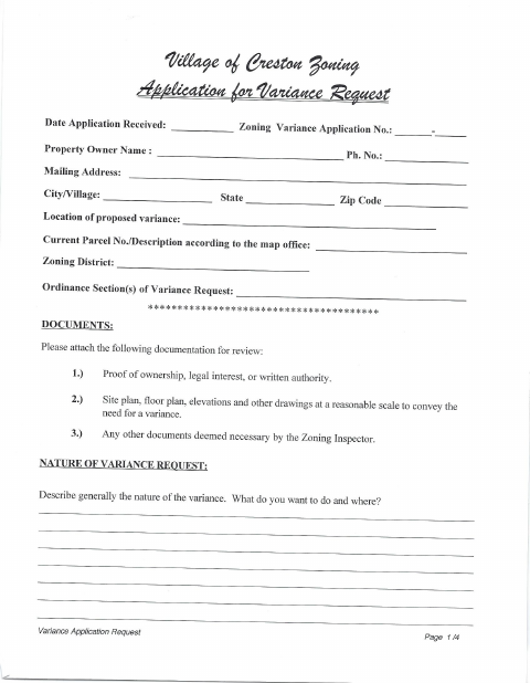 First page of the Zoning Variance Application