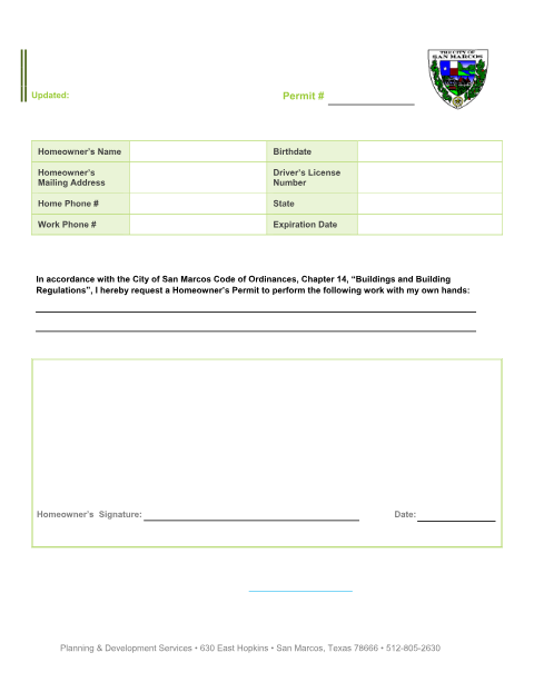 First page of the Homeowner Permit Application