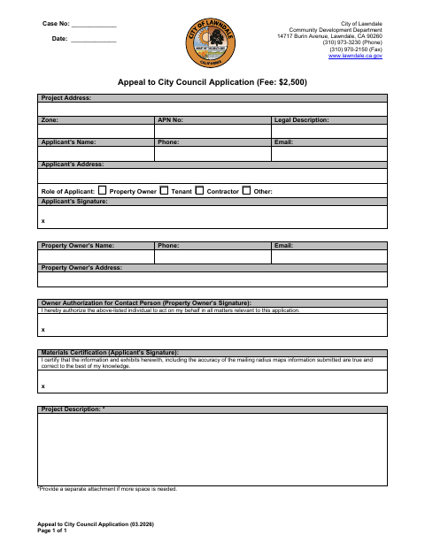 First page of the Appeal to City Council Application