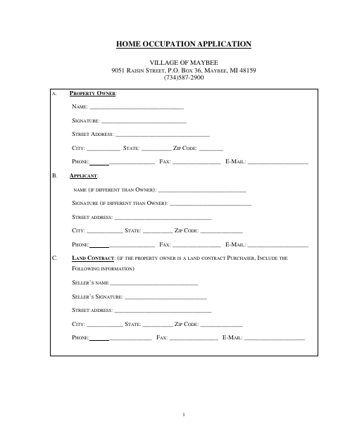 First page of the Home Occupation Application