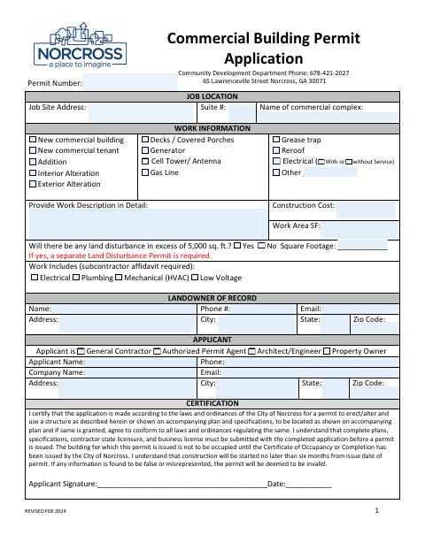 First page of the Commercial Building Permit Application