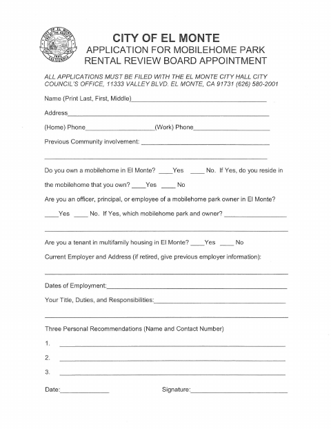 First page of the Mobilehome Park Rental Review Board Appointment Application