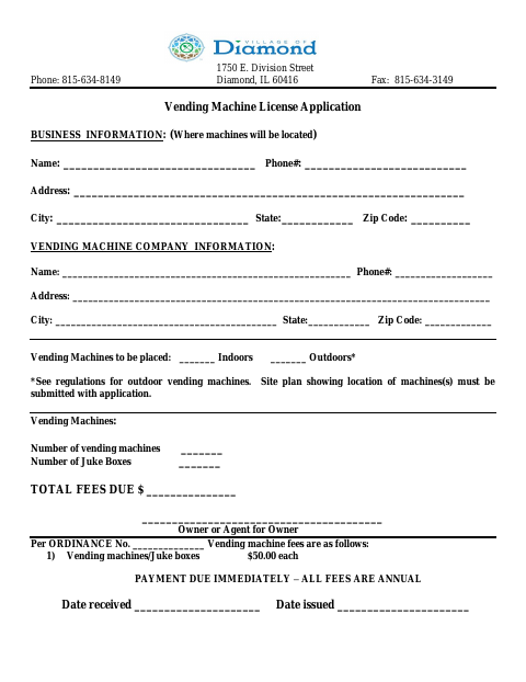 First page of the Vending Machine License Application