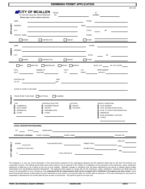 First page of the Swimming Permit Application