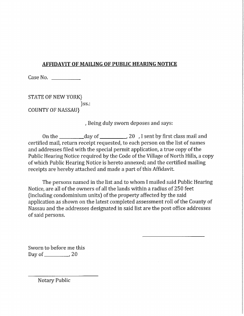 First page of the Affidavit of Mailing of Public Hearing Notice