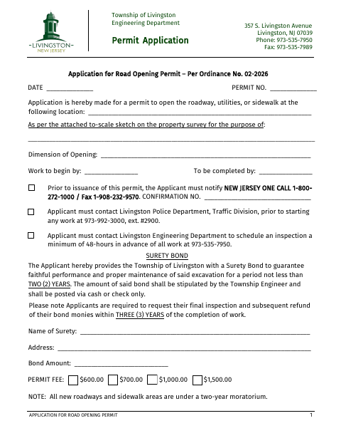 First page of the Application for Road Opening Permit