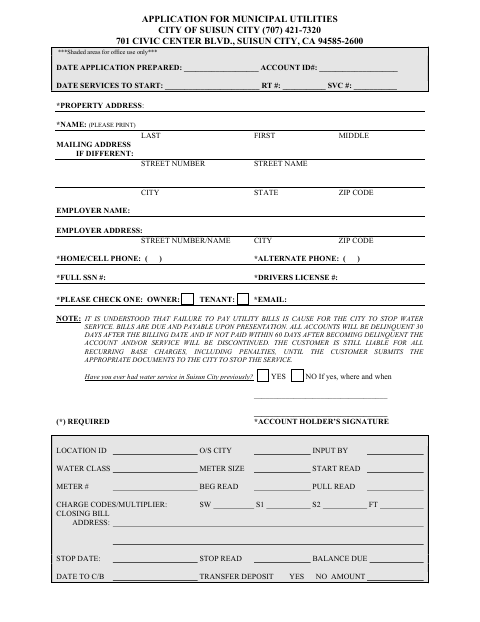 First page of the Application For Municipal Utilities