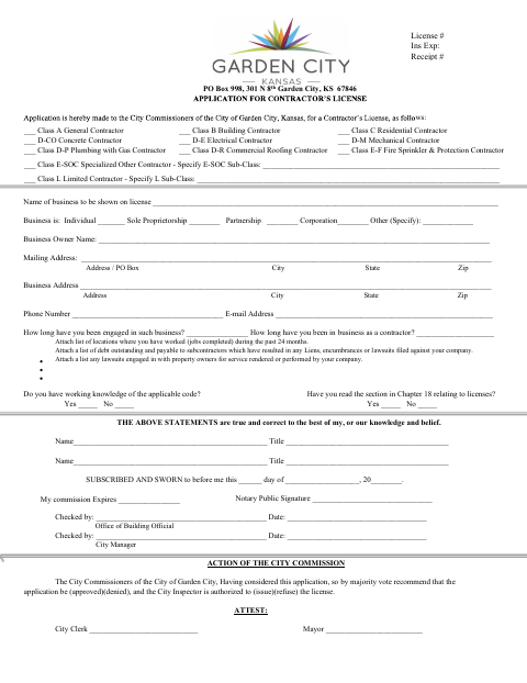 First page of the New Contractor License Application