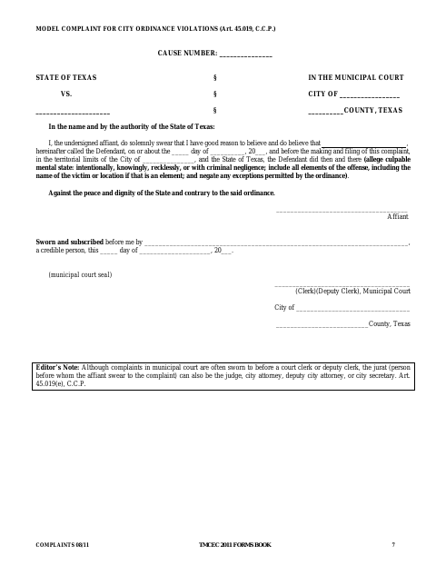 First page of the Model Complaint for City Ordinance Violations