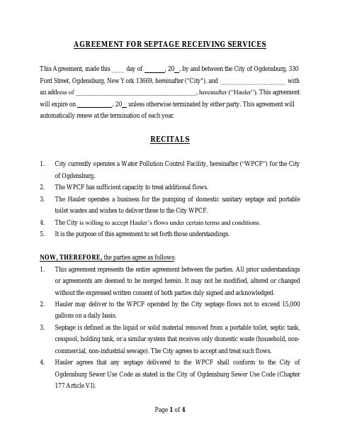 First page of the Agreement for Septage Receiving Services