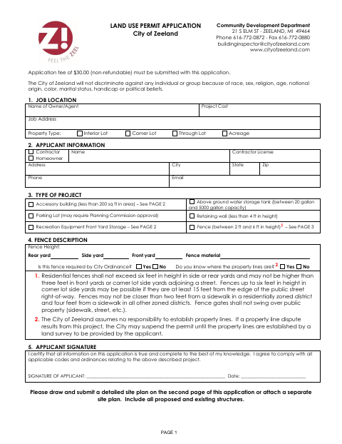First page of the Land Use Permit Application