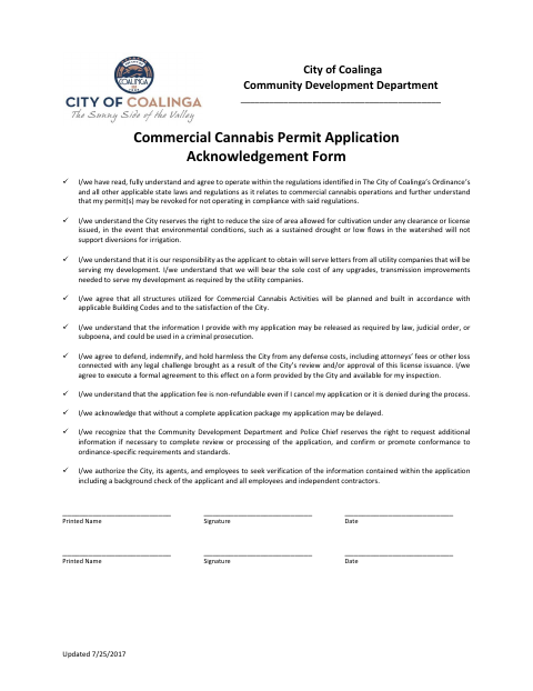First page of the Commercial Cannabis Permit Application Acknowledgement Form