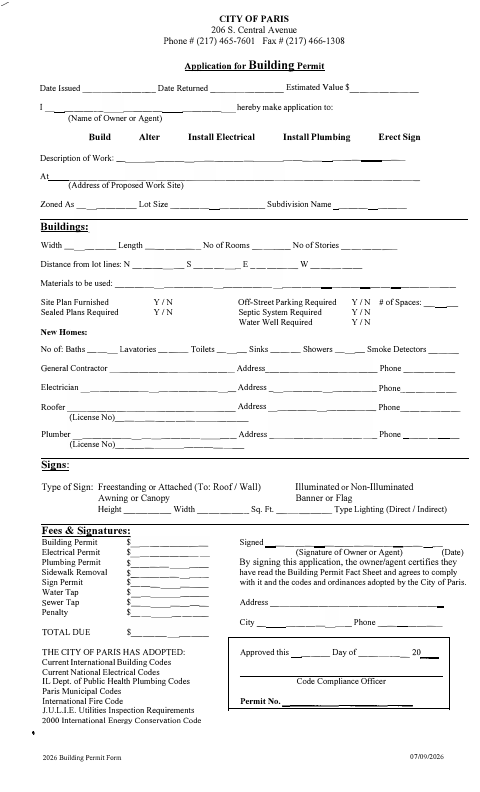 First page of the Building Permit Application