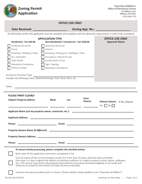 First page of the Zoning Permit Application