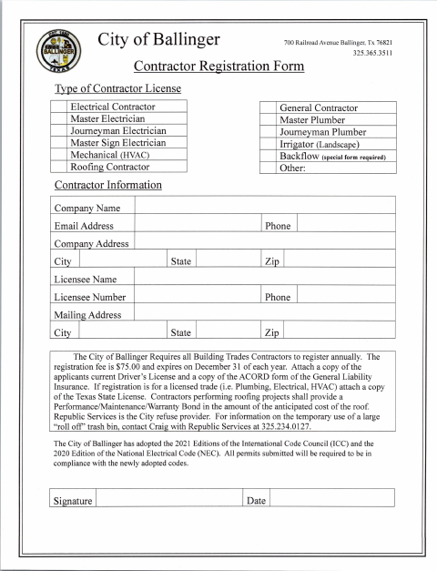 First page of the Contractor Registration Form