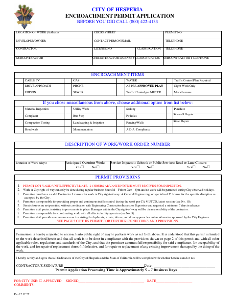 First page of the Encroachment Permit Application