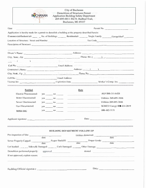 First page of the Demolition of Structures Permit Application