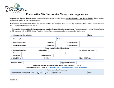 First page of the Construction Site Stormwater Management Application