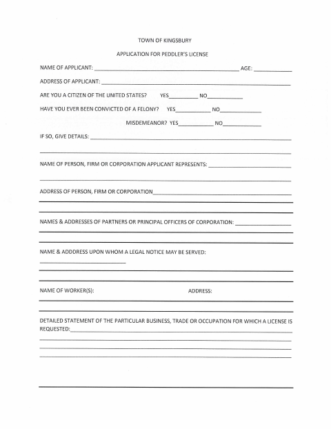 First page of the Peddler’s License Application