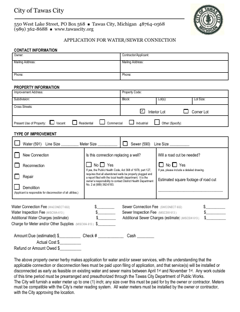 First page of the Application for Water/Sewer Connection