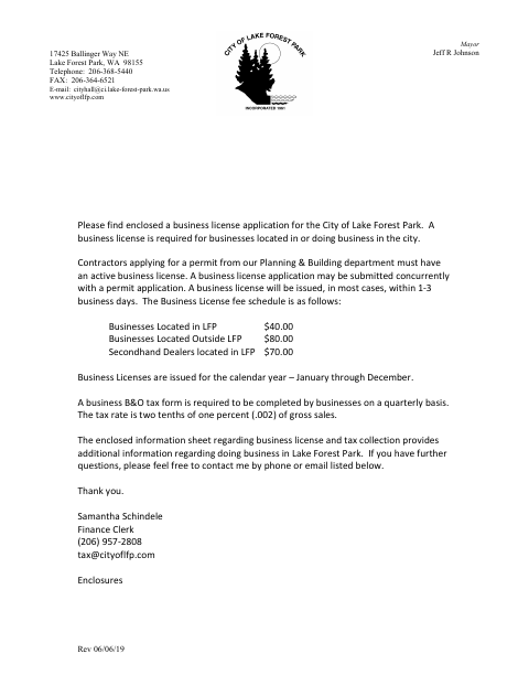 First page of the Tree Contractor Business License Application