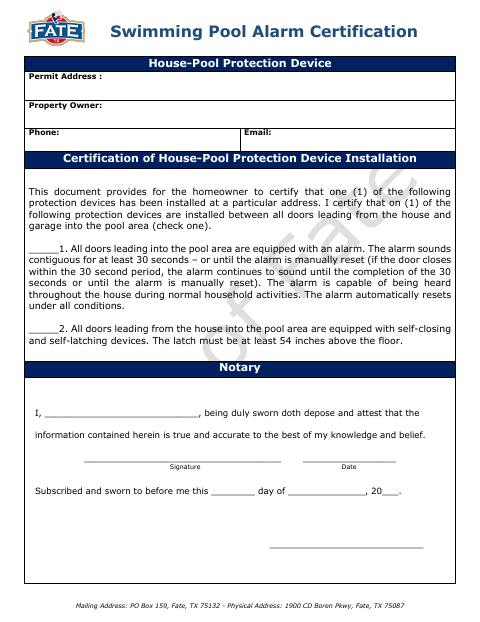 First page of the Swimming Pool Alarm Certification
