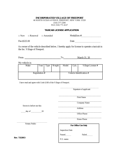 First page of the Taxicab License Application