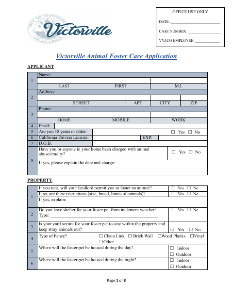 First page of the Animal Foster Care Application